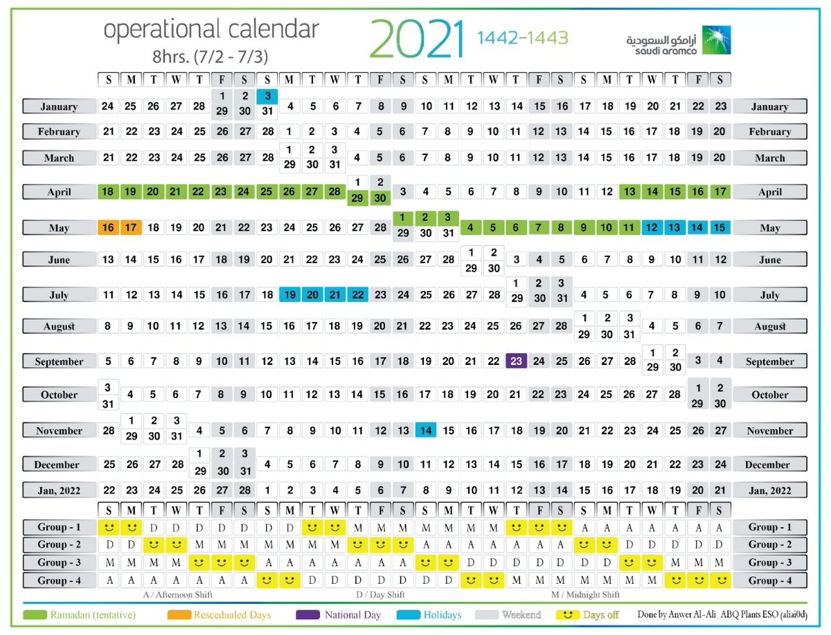ملتقى موظفي آرامكو on X: "#تقويم الشفت لسنة 2021 #Shift #Operational # Calendar #2021year #موظفي_ارامكو #ارامكو #ارامكاوي للتحميل بجودة عالية، من  خلال الرابط https://t.co/ZRkC47JDMr https://t.co/IfNDaYCAgi" / X