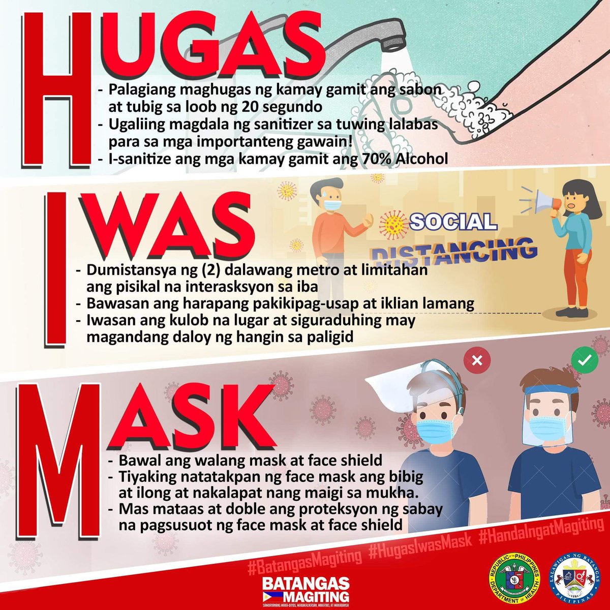 batspiocapitol's tweet photo. Sa patuloy na pagharap ng bawat isa sa pandaigdigang pandemya ng COVID-19, mahalagang tandaan na maraming bagay ang ating magagawa upang ikaw, ako, lahat tayo ay maging ligtas at protektado.

Ang Batangueño na maingat at may disiplina, #MAGITING!

#BatangasMagiting
#HugasIwasMask https://t.co/urHy4xlFY3