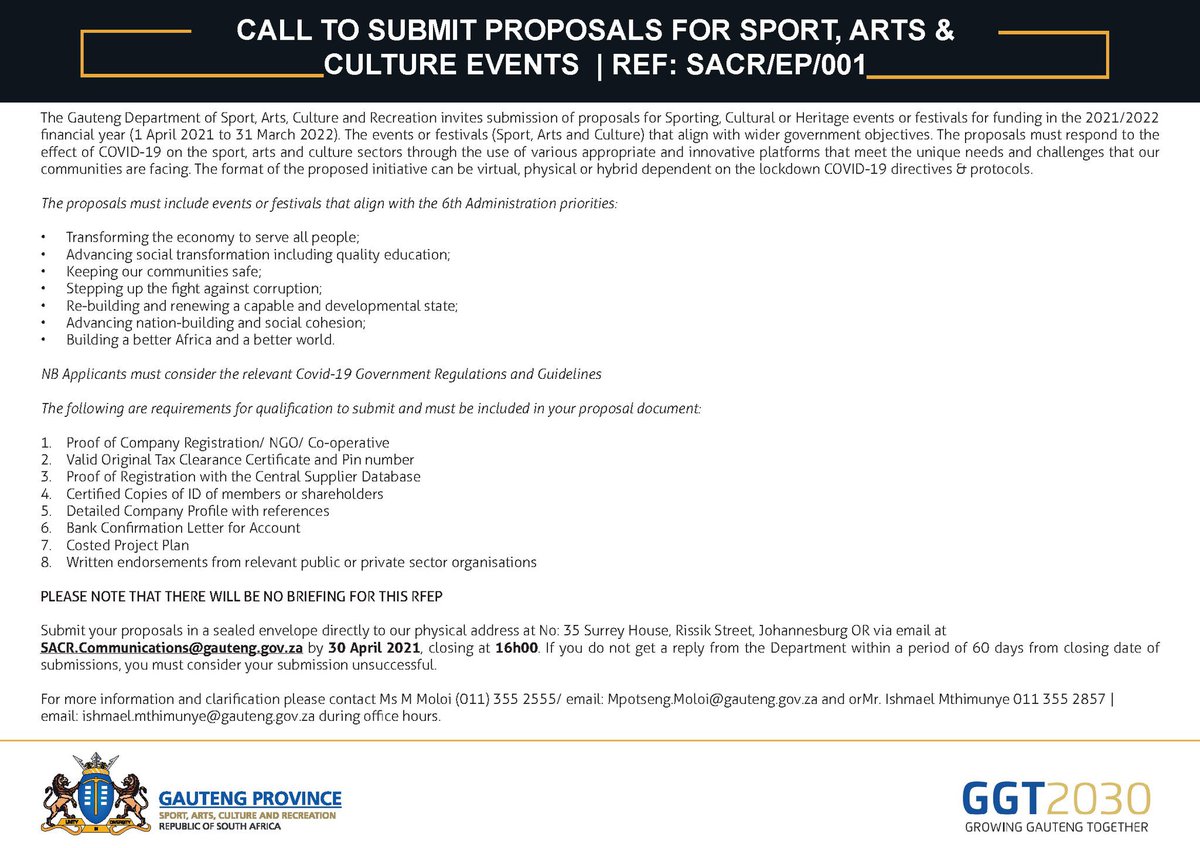 MbaliHlopheSA's tweet photo. We’re receiving PROPOSALS for Sport, Culture or Heritage programmes for funding in 2021/22 fin year. Pls send through your proposal, or RT to spread the word.

Closes 30 April. 

You can download a clearer PDF version of the ad 👉🏽 https://t.co/QcOo9I9uCg

#GrowingGautengTogether https://t.co/qgAAYK8Yd4