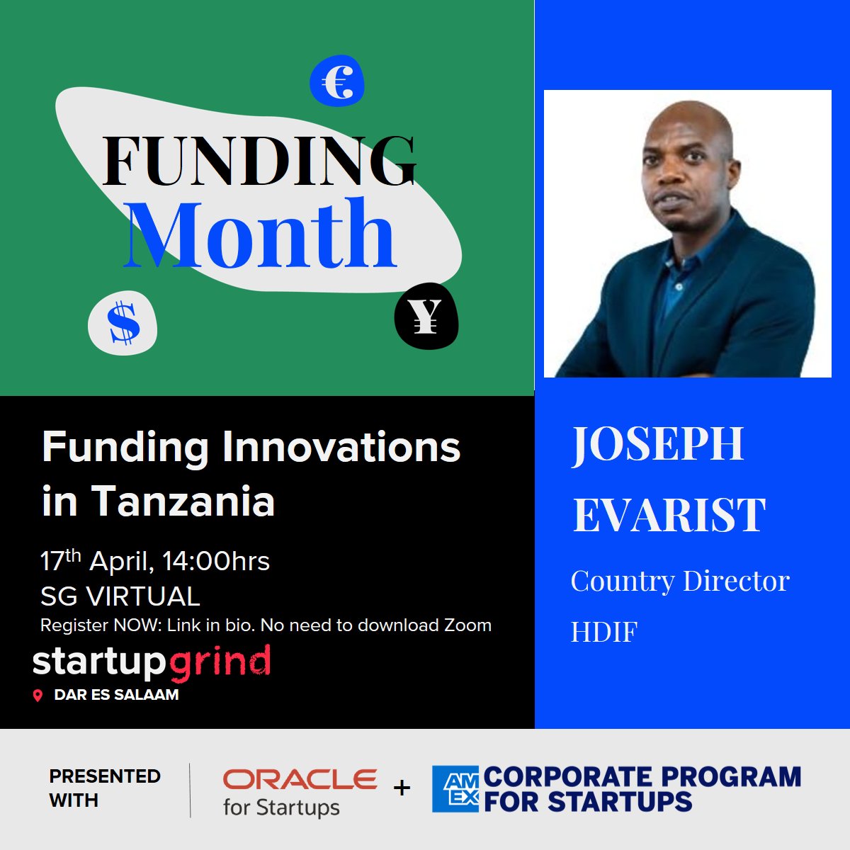 April is #Fundingmonth <a href="/StartupGrind/">Startup Grind</a> &amp; we talk about $$$
We kick off with <a href="/JoeEvarist/">Joseph Evarist</a> Country Director @HDIFtz 
sharing all about running an innovation fund in TZ &amp; how startups can better be prepared to attract &amp; receive grant funding. Register startupgrind.com/events/details…