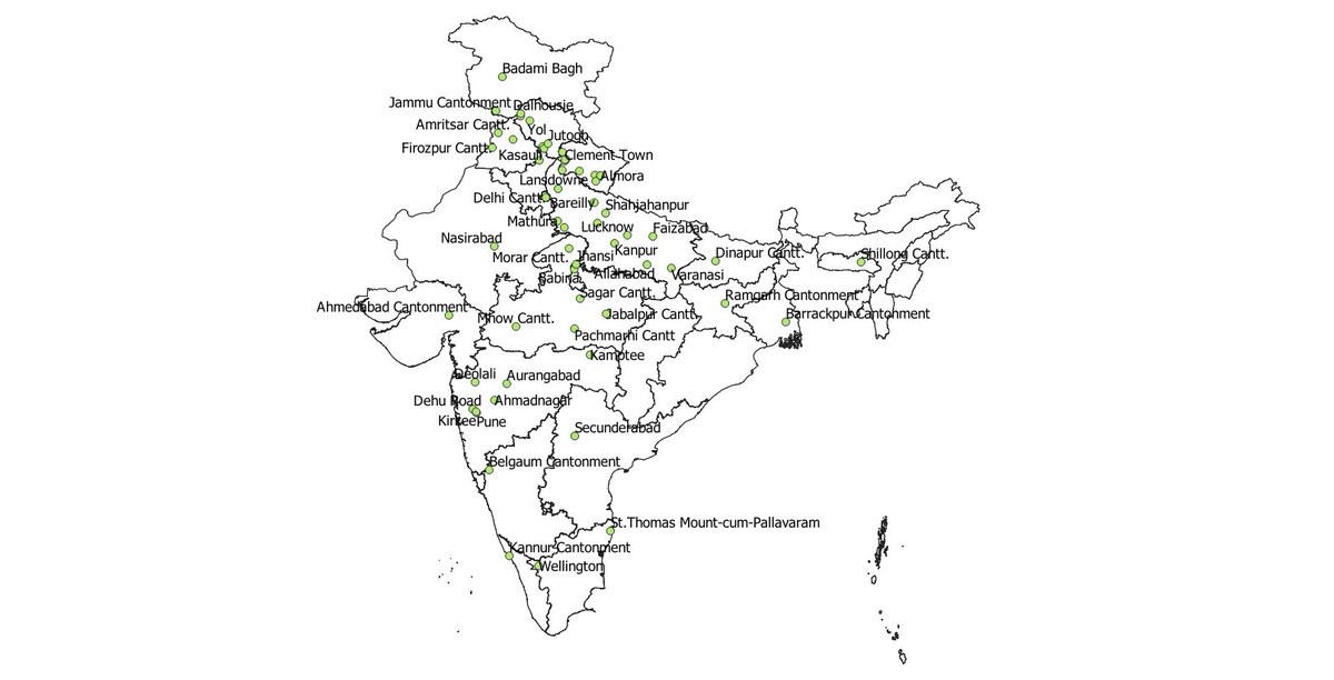 In 2011, 3 of them had a population of over 100K: Secunderabad (200K+), Kanpur and Delhi. Between 60K-100K: Meerut, Ramgarh, Mhow, Kirkee, Jabalpur, Pune. Median population was 20K. Map with labels shown below.