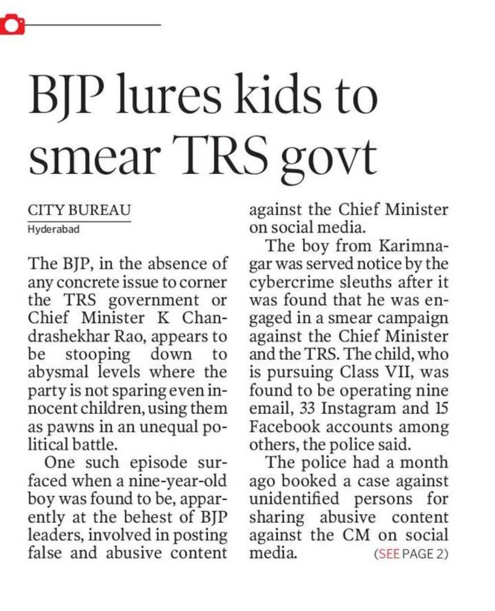 A nine-year-old child, who is pursuing seventh standard was allegedly instigated to create, upload & circulate the abusive content on social media by local BJP leaders from Karimnagar. The police found the child had created 56 fake accounts on various platforms to upload content.