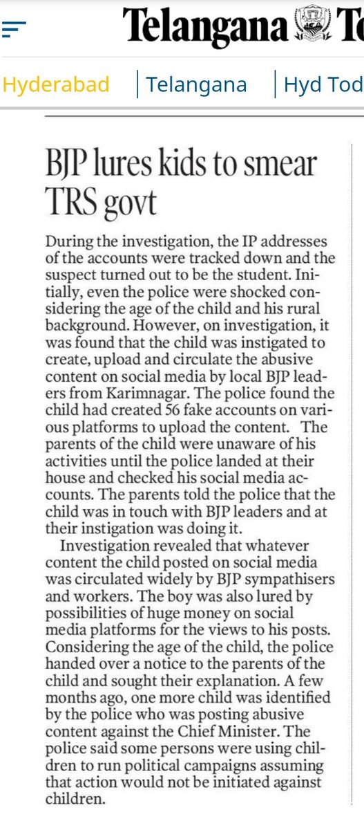 The parents of the child were unaware of his activities until the police landed at their house and checked his social media accounts. The parents told the police that the child was in touch with BJP leaders and at their instigation was doing it.