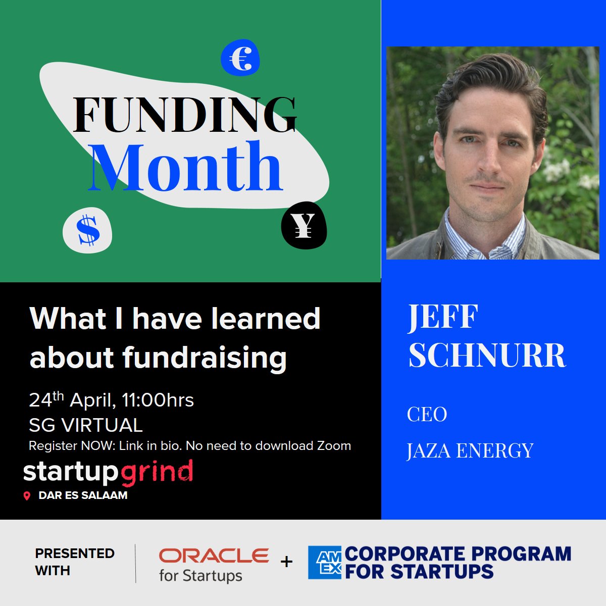 Also on April #fundingmonth is <a href="/jeff_schnurr/">Jeff Schnurr</a> CEO of <a href="/JazaEnergy/">Jaza</a>  a solar battery swap company. He has a lot to share on fundraising! In fact, he is trying to get angel investors to look at TZ pre-seed startups. Register: startupgrind.com/events/details…