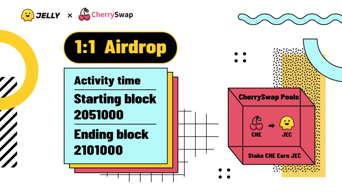 OKExChian algorithm stable coin @Jelly
Visit <a href="/CherrySwap/">CHERRYSWAP</a>
Stake $CHE to earn $JEC
Activity time：
Starting block height【2051000】
Ending  block height【2101000】

Release method：Will be airdropped based on 1:1 after the launch of mainnet
CHE/JEC Pool：cherryswap.net/pools