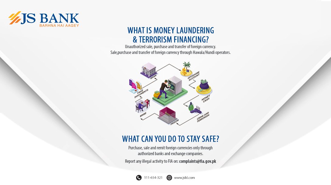 JSBLPak's tweet photo. Be safe from Money Laundering and Terrorism Financing. It is advised in your self-interest to use State Bank authorized Banks and Exchange Companies for the sale, purchase and remittance transactions of foreign currency.
#JSBank #BarhnaHaiAagey #BankSecure https://t.co/2SQXuNrClH