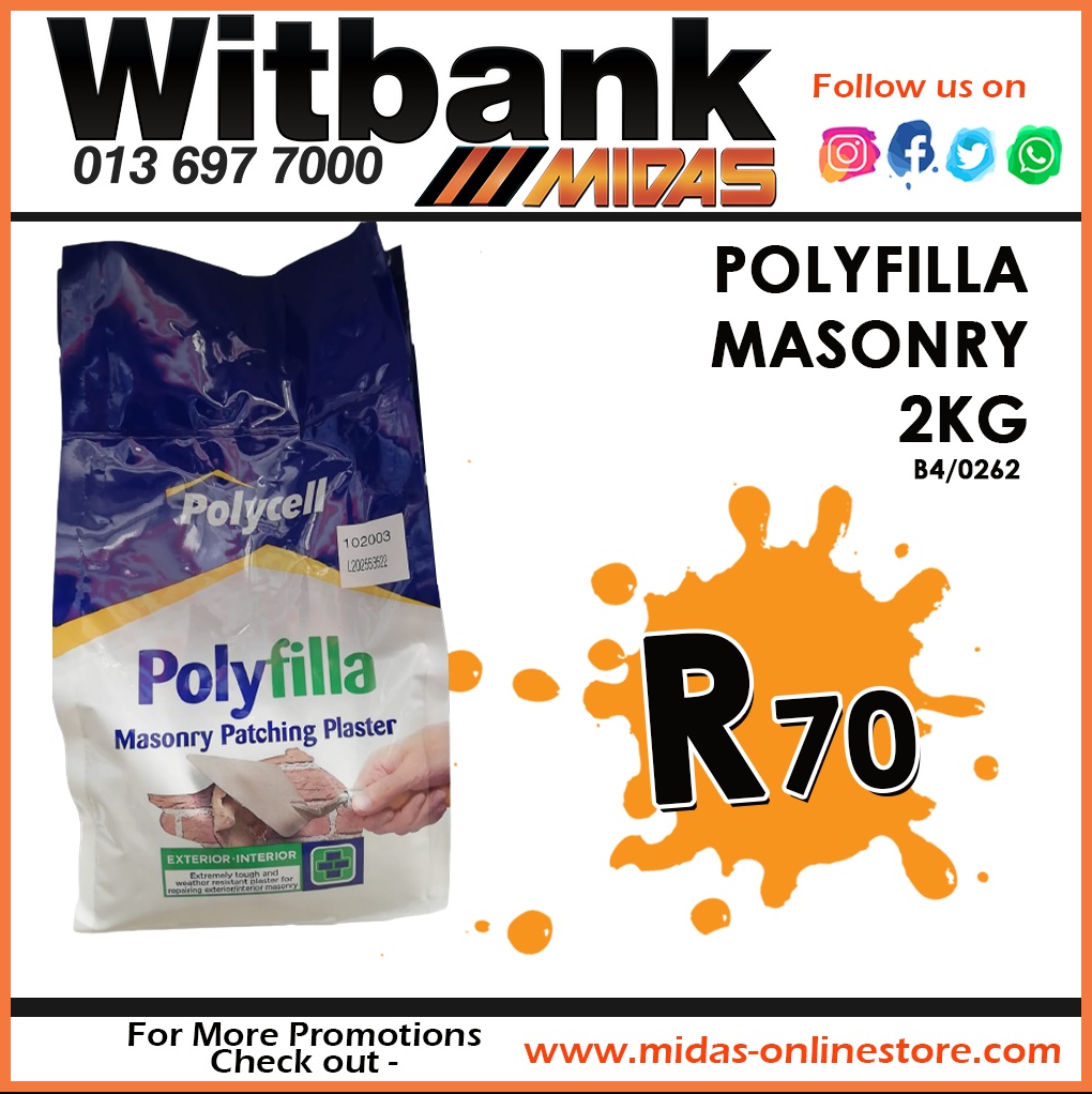 spareswisewtb's tweet photo. Polyfilla Masonry 2KG ONLY R70 at Midas Witbank!
#Polycell #polyfilla #patchingplaster #midaswitbank #Emalahleni #bargains #specialoffer https://t.co/pH4u1Dl03B