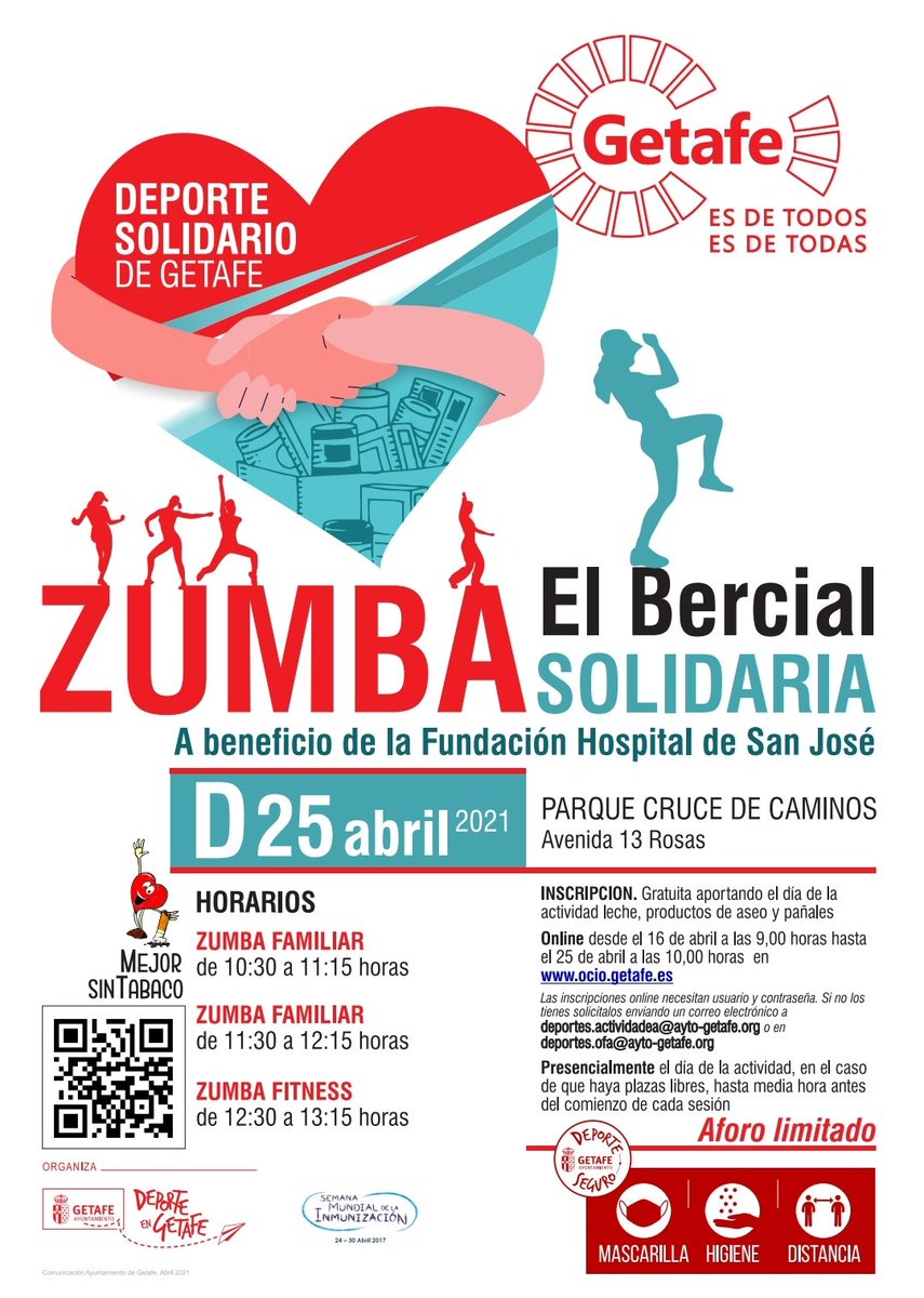 El domingo 25 de abril vuelve el #DeporteSolidario de #Getafe con una nueva masterclass de Zumba en el barrio de "El Bercial"

🔴Con todas las medidas #COVID19
🔴Aforo limitado

Inscripciones online desde el 16 de abril en ocio.getafe.es/CronosWeb/Login

¡¡¡ TE ESPERAMOS !!!🕺💃

➕ℹ👇