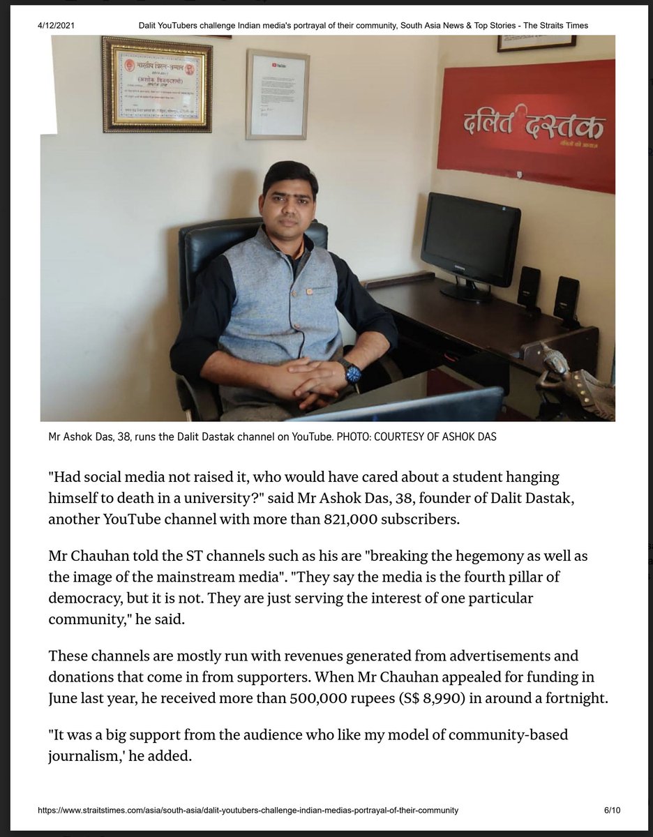 Sumitchauhaan's tweet photo. A special story on Bahujan journalists has published in Singapore's famous newspaper @straits_times today. Me, @ashokdasDDastak &amp; @AnjulBamhrolia are featured here. Thanks to all the friends who supported me in this journey. Thanks @sanitydurast.
Link -  https://t.co/azBTsvDzZQ https://t.co/crGY88KssQ
