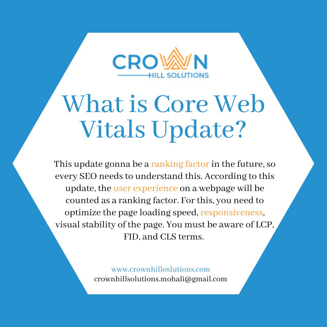 crownhillsol's tweet image. the user experience on a webpage will be counted as a ranking factor. For this, you need to optimize the page loading speed, responsiveness, visual stability of the page. You must be aware of LCP, FID, and CLS terms..
#CoreWebVitals  #googlenewupdate #googleseoupdate