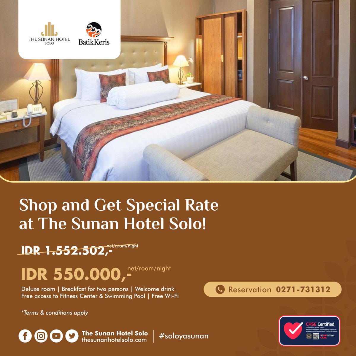 Halo, Teman Sunan! Nikmati Double Luck Program, kolaborasi @thesunanhotel dan @batikkerisindo!

Menginap di The Sunan Hotel Solo bisa dapat free access ke Heritage Istana Batik Keris dan diskon 5% untuk berbelanja di Galeri Heritage Istana Batik Keris, lho!

#SoloYaSunan