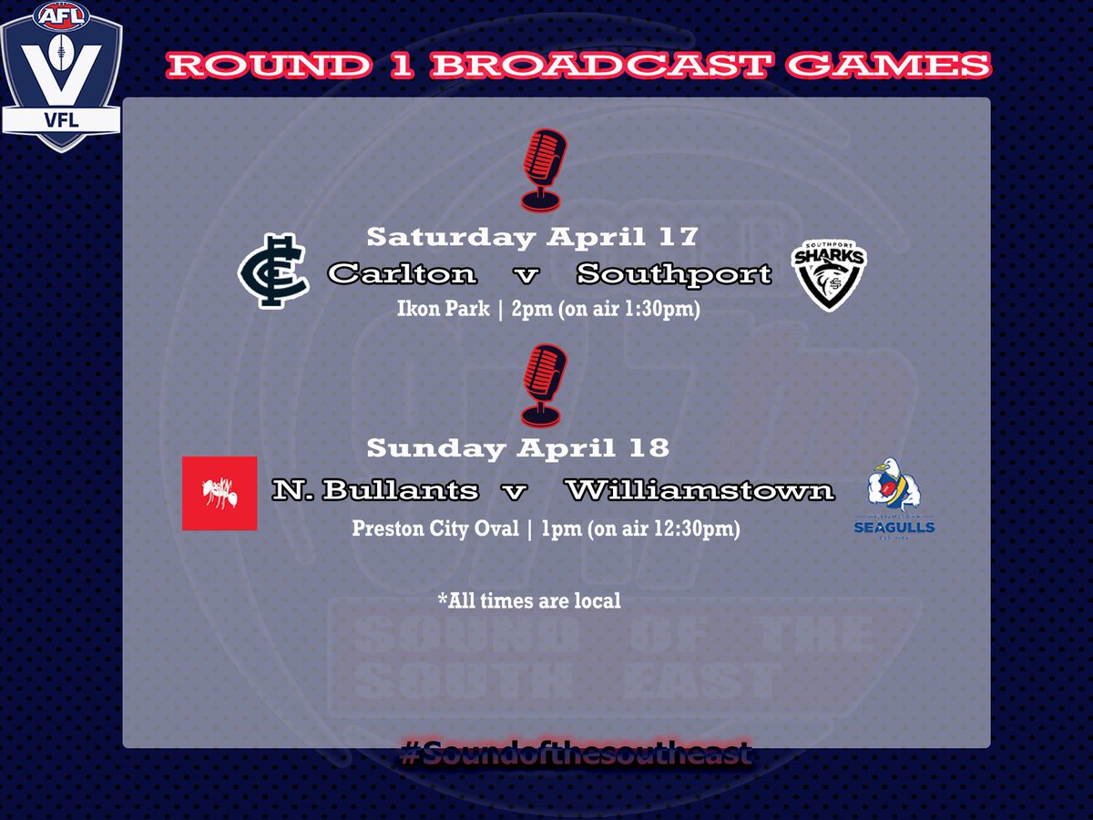 The <a href="/VFL/">VFL / VFLW</a> is back on <a href="/CaseyRadio977/">Casey Radio</a> :-) 

Rd 1 one of the expanded VFL starts this weekend and we have 2 games

Sat - <a href="/CarltonReserves/">Carlton Reserves</a> v <a href="/SouthportSharks/">Southport Sharks AFL</a>

Sun - <a href="/NBullantsFC/">Northern Bullants FC</a> v <a href="/WilliamstownFC/">Williamstown FC</a>

Join us on 97.7fm, via the TuneIn app or stream on caseyradio.com.au #VFL