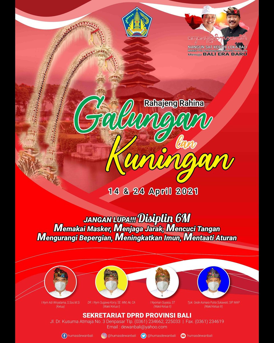 balipuspanews's tweet image. Sekretariat DPRD Provinsi Bali mengucapkan rahajeng hari Raya Galungan dan Kuningan
.
#denpasar #dprdbali #ucapan #galungan #kuningan #galungandankuningan