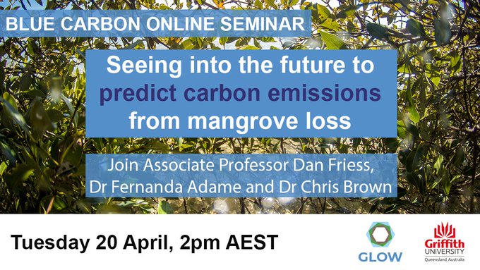 Free blue carbon webinar on 20th April! Hosted by <a href="/globalwetlands/">Global Wetlands Project</a> with <a href="/fern_adame/">Fernanda Adame</a> and <a href="/bluecology/">Chris Brown</a> on a new paper and tool to project future carbon emissions from mangrove loss

Read more here! onlinelibrary.wiley.com/doi/full/10.11…

Email n.watson@griffith.edu.au to register!