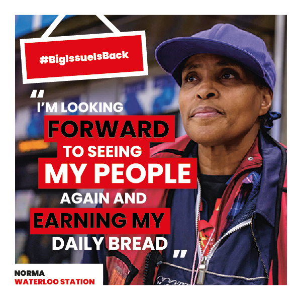 BigIssue's tweet photo. For a lot of people, easing lockdown means a chance to visit the shops or go to the pub. To a Big Issue vendor it can mean something very different. #BigIssueIsBack #OpenForBusiness https://t.co/aD3QpniTqr