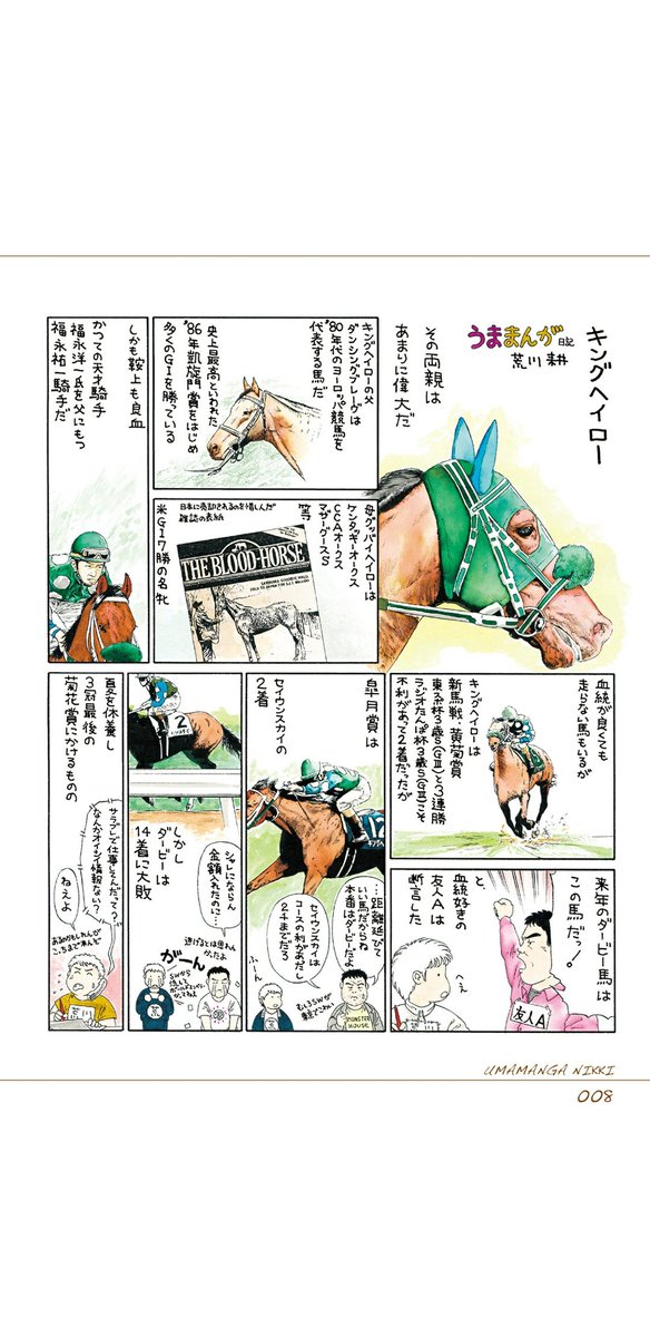 基本1頭につき見開き2ページのフルカラーまんがでお馬さんのドキュメンタリーをしていらっしゃる作品なので、改めて色々なお馬さんを知りたくなった方にいいのではないでしょうかと思います(Kindleサンプルから引用させていただきました) 