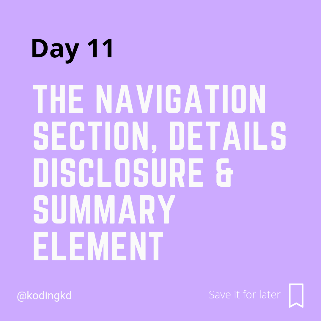 kodingkd's tweet image. Day - 11 | The Navigation Section, Details Disclosure & Summary element in HTML
Follow @kodingkd for more 💯
.
Was It helpful?
Let me know in the comments 👇🏼
.
.
.
#nav #details #summary #html #htmlcoding #htmlcss #htmlcode #kodingkd #30daysofhtml #scss #csstricks #csstips