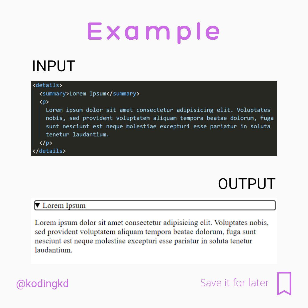 kodingkd's tweet image. Day - 11 | The Navigation Section, Details Disclosure & Summary element in HTML
Follow @kodingkd for more 💯
.
Was It helpful?
Let me know in the comments 👇🏼
.
.
.
#nav #details #summary #html #htmlcoding #htmlcss #htmlcode #kodingkd #30daysofhtml #scss #csstricks #csstips