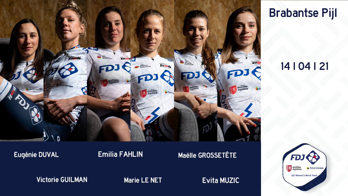 FDJ - SUEZ (@fdj_suez) on Twitter photo Brabantse Pijl I <a href="/DeBrabantsePijl/">De Brabantse Pijl</a>
🇫🇷<a href="/duvaleugenie/">duval Eugénie</a>
🇸🇪<a href="/EmiliaFahlin/">Emilia Fahlin</a>
🇫🇷<a href="/maelle__G/">Grossetête Maëlle</a>
🇫🇷<a href="/VGuilman/">Victorie guilman</a>
🇫🇷<a href="/LeNetMarie/">Le Net Marie</a>
🇫🇷<a href="/EvitaMuzic/">Evita Muzic</a>
🏳️ Lennik - 10:50
🏁Overijse - 14:04
🚲 127,3km
📺 GCN I Eurosport player
#RideAndShine Brabantse Pijl I <a href="/DeBrabantsePijl/">De Brabantse Pijl</a>
🇫🇷<a href="/duvaleugenie/">duval Eugénie</a>
🇸🇪<a href="/EmiliaFahlin/">Emilia Fahlin</a>
🇫🇷<a href="/maelle__G/">Grossetête Maëlle</a>
🇫🇷<a href="/VGuilman/">Victorie guilman</a>
🇫🇷<a href="/LeNetMarie/">Le Net Marie</a>
🇫🇷<a href="/EvitaMuzic/">Evita Muzic</a>
🏳️ Lennik - 10:50
🏁Overijse - 14:04
🚲 127,3km
📺 GCN I Eurosport player
#RideAndShine