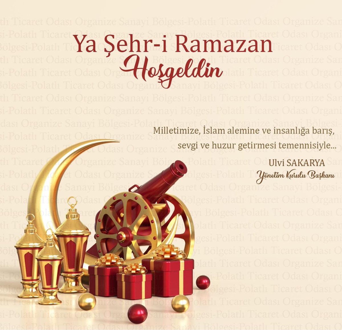 On bir ayın sultanı Ramazan-ı Şerif'in milletimize, İslam âlemine ve insanlığa sağlık, barış, sevgi ve huzur getirmesini yüce Allah'tan niyaz ederim. 
Ramazan ayımız mübarek olsun.

Ulvi SAKARYA 
Yönetim Kurulu Başkanı