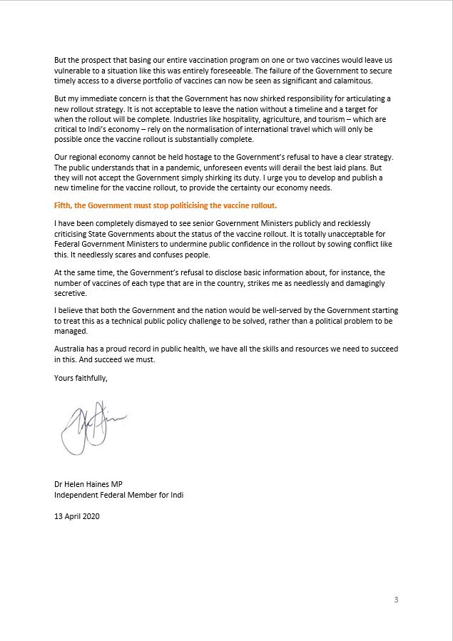 Today I have written to  @ScottMorrisonMP urging him to change course on the vaccine rollout. I have been reluctant to publicly criticise the Government on this but after hearing many stories of problems in the rollout in Indi, I feel duty-bound to raise these concerns. 