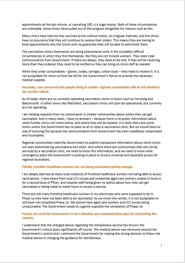 Today I have written to  @ScottMorrisonMP urging him to change course on the vaccine rollout. I have been reluctant to publicly criticise the Government on this but after hearing many stories of problems in the rollout in Indi, I feel duty-bound to raise these concerns. 