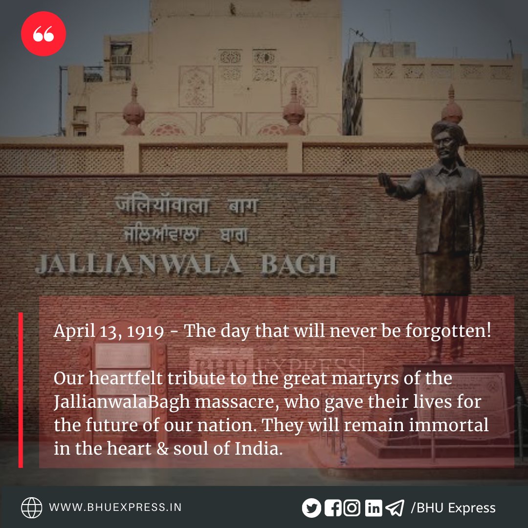 bhuexpress's tweet photo. We pay our heartfelt tribute to the great martyrs of the #JallianwalaBagh massacre, who gave their lives for the future of our nation. They will remain immortal in the heart & soul of India. 🌸🌸🌸
#bhuexpress #jallianwalabaghmassacre #martyr https://t.co/bX0QW8JF4S