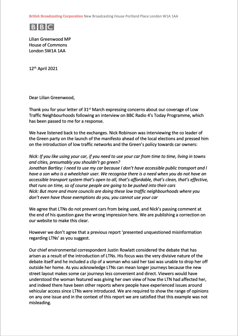 LilianGreenwood's tweet image. I’m pleased that @BBCNews will be issuing a correction on the claim that LTNs prevent cars from being used. It’s important any debate on transport policy is based on facts.