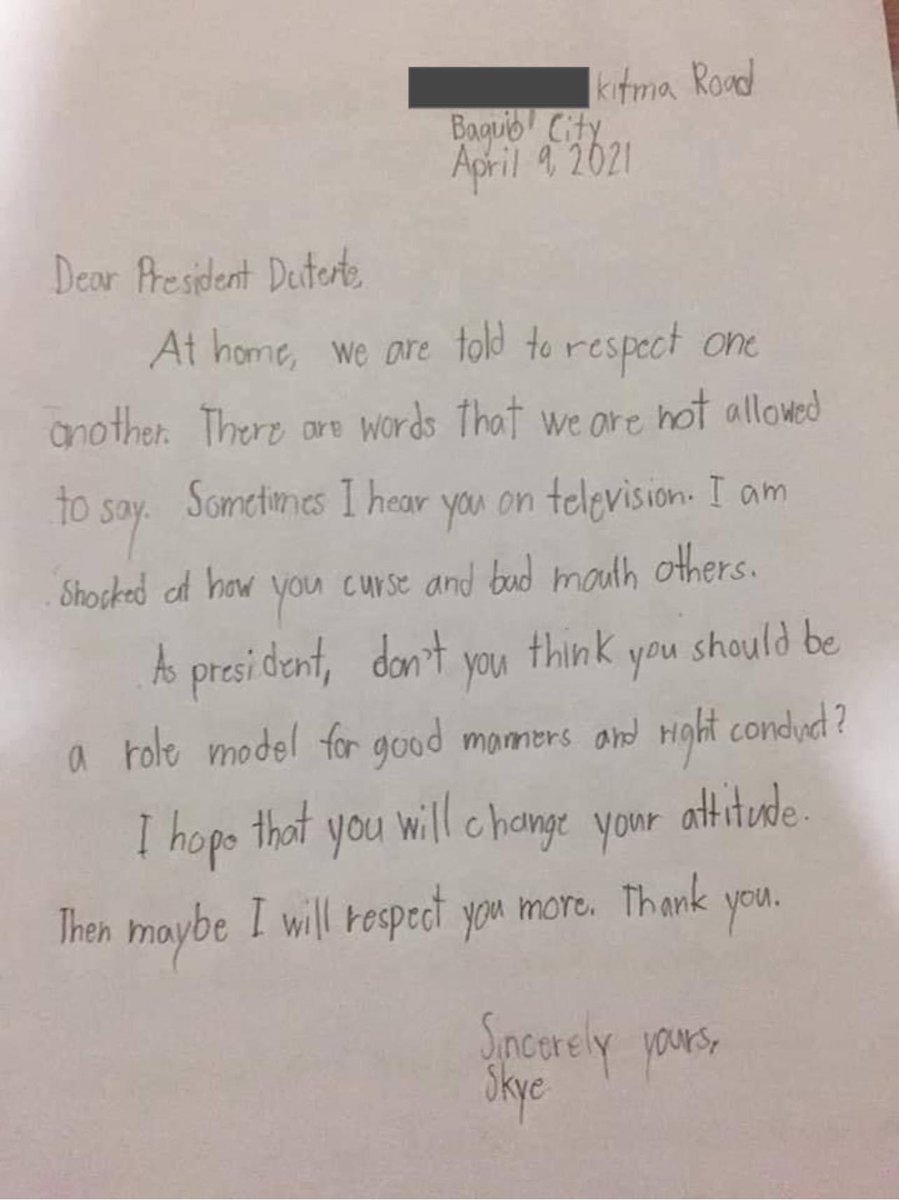 A child from Baguio writes President Duterte a letter. 

Skye’s mother had this to say:
“As a requirement in my son’s school, he was asked to write a letter to our dear President. Here’s his letter to him. Our children are also aware of how a good leader should lead a country.”