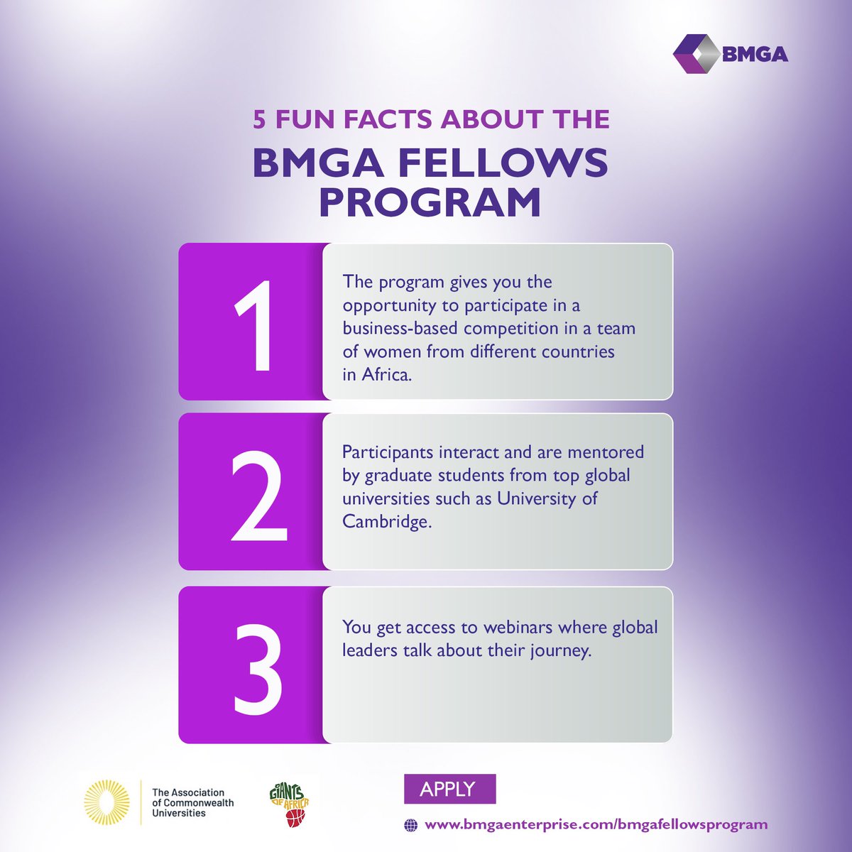 bmgaenterprise's tweet photo. Why should you apply to the BMGA Fellows Program? Here are some fun facts. Learn more about the program and apply at: https://t.co/G6nelJ3OtO
Application closes on Sunday 18 April 2021 by 11:59 pm (GMT +1).
#EdTech #BMGA #BMGATransforms #BMGAFellowsProgram #FutureofWork https://t.co/B7ToWL3gJr