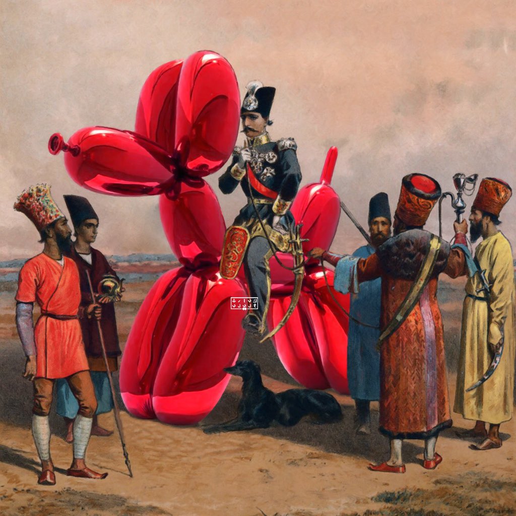 Naser al Din Shah Qajar riding koon’s Balloon Dog (Red)
<a href="/JeffKoons/">Jeff Koons</a> 
#jeffkoons #art #artist #digitalart #nfts #nft #cryptoartist #cryptoart #artgallery #digitaldrawing #ArtOfTheDay