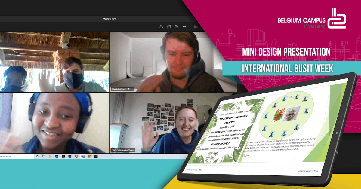 BelgiumCampus's tweet photo. And we're back! It's day 2 of our #BusITWeek and our participating students are presenting the 'launch parties' they designed for the #SmartCities/ #ClimateChange solutions they will be working together to develop.
#aphogeschool #ucll #howest #EPHEC #hogeschoolpxl #BelgiumCampus https://t.co/wRgSKAKeU3