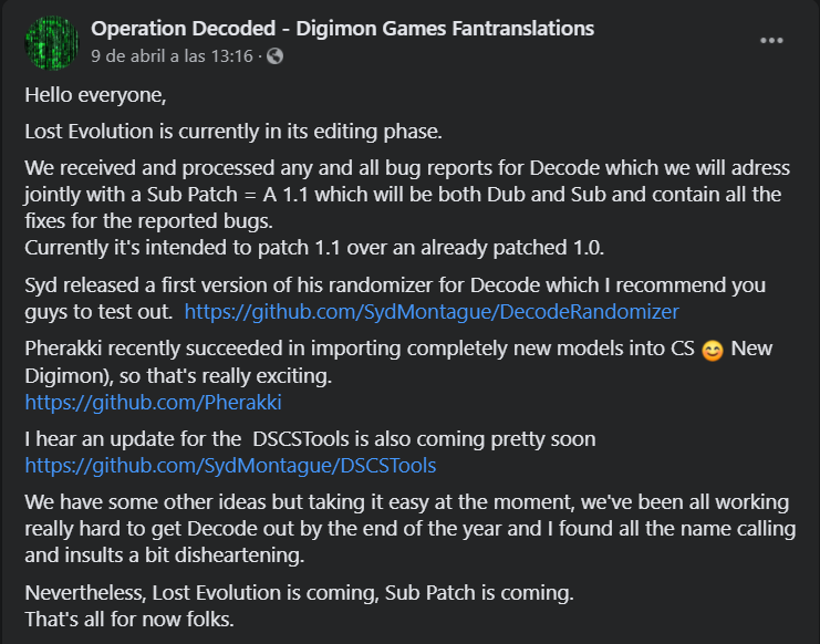 MunDigitalToday's tweet photo. Desde el facebook de @OperationDecode informan que la traducción de #DigimonStoryLostEvolution está en la fase de edición. También hablan de otros avances, como un randomizador para #RedigitizeDecoded o la importación de modelos a los #CyberSleuth.
#DigimonSigueVIVOenEspaña https://t.co/pwyHfn7Jci