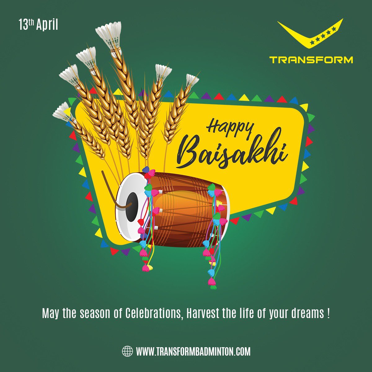 TransformBaddy's tweet photo. Wishing Happy Baisakhi to you and your family from Transform Badminton.
#transformbadminton #timetotransform #Vaisakhi #vaisakhi2021 #Baisakhi #GudiPadwa #navratri2021 #HinduNavvarsh #13अप्रैल_नववर्ष #Ugadi2021 @BChetanAnand @shlokh95 https://t.co/j6MbGMPGdT