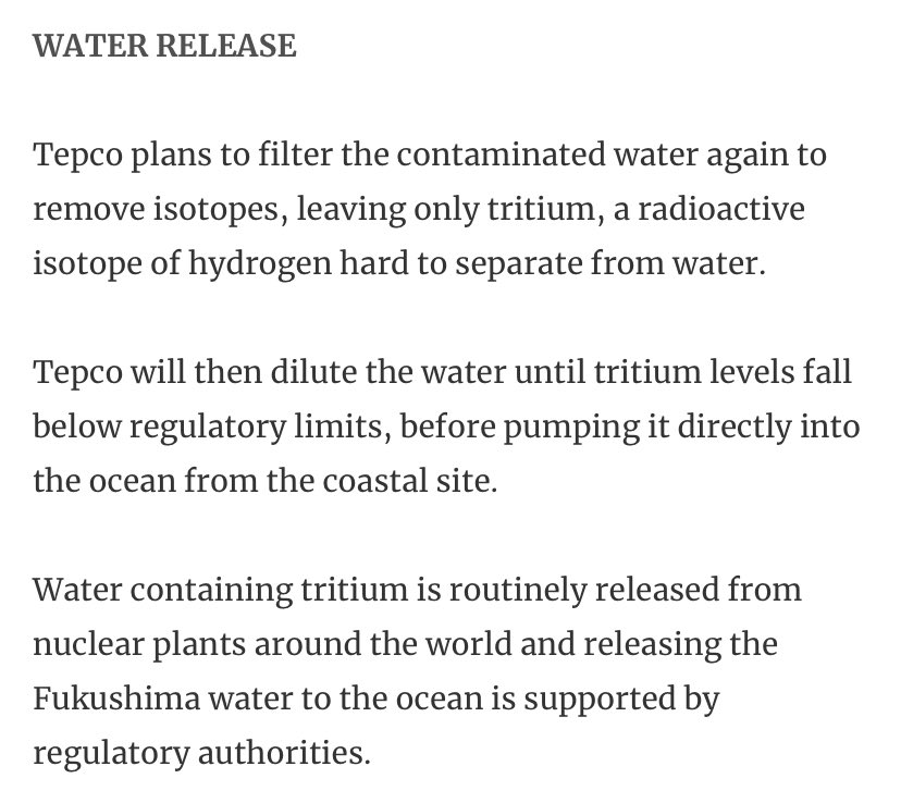 following are from an article by channel news asia, with information of how the water will be released in two years. tepco is planning to FILTER it before the release.article:  https://www.channelnewsasia.com/news/asia/japan-explainer-contaminated-fukushima-water-release-ocean-14611478