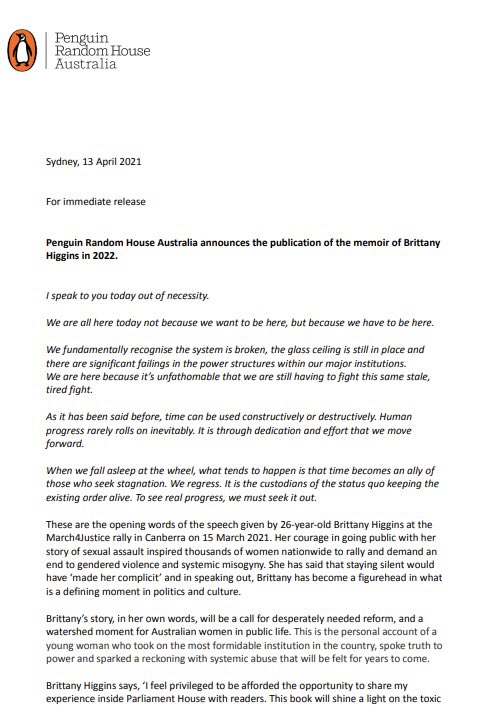 Brittany Higgins On Twitter I Feel Privileged To Be Afforded The Opportunity To Share My Experience Inside Parliament House I M Proud To Commit Half Of The Royalties For Each Book Sold To