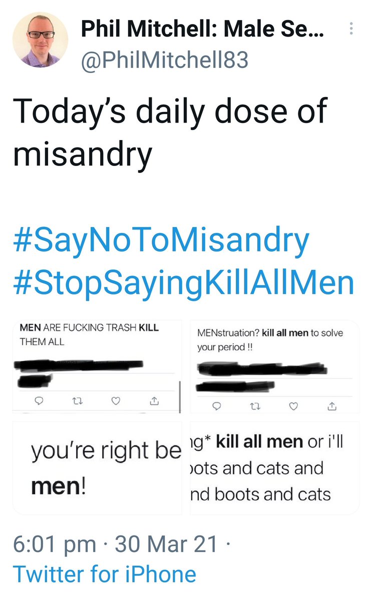 Isn't it weird that he can find so much evidence of "misandry" but no actual examples of women killing men because of it? 