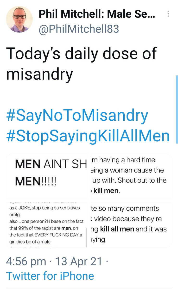 Isn't it weird that he can find so much evidence of "misandry" but no actual examples of women killing men because of it? 