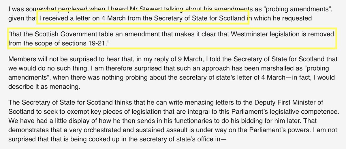  @JohnSwinney himself confirmed in Holyrood debate on 16th March that he received a letter on 4th March, asking that clarification be inserted removing WM legislation was removed. No John, we’re not surprised you refused to deal in an adult manner.