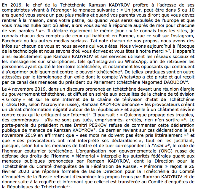 L'entrée en matière de cette note, c'est le discours de Kadyrov à destination de tous les opposants tchétchènes, quelque soit l'endroit où ils se trouvent sur le Globe. Les promesses en cas de retour de ces réfugiés dans leur pays d'origine sont on ne peut plus explicites.