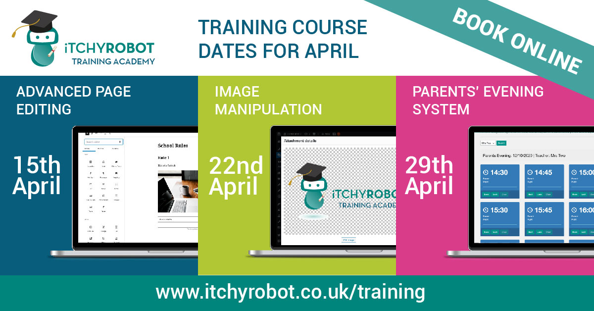 iTCHYROBOT_SCH's tweet photo. The #ItchyrobotTrainingAcademy will be delivering the following sessions for our schools throughout April. To book your place, click the link below. 

https://t.co/dpEck7wiO1

#training #cpd #schools #teachers #headteachers https://t.co/UGgSlbUlMO