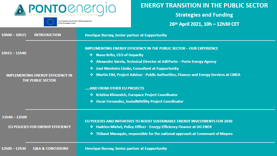 Ponto Energia (aka BundleUp) (@energiaponto) on Twitter photo Register now for our event on 26/04/21!
ENERGY TRANSITION IN THE PUBLIC SECTOR - Strategies and Funding.
Our experience implementing #energyefficiency and #EU policies to Upwards arrow sustainable #energyinvestments by 2030.
Register: forms.gle/qdcjcQ1M58jsZ6…
<a href="/cleanenergy_eu/">Clean Energy 🇪🇺 CINEA</a> Register now for our event on 26/04/21!
ENERGY TRANSITION IN THE PUBLIC SECTOR - Strategies and Funding.
Our experience implementing #energyefficiency and #EU policies to Upwards arrow sustainable #energyinvestments by 2030.
Register: forms.gle/qdcjcQ1M58jsZ6…
<a href="/cleanenergy_eu/">Clean Energy 🇪🇺 CINEA</a>