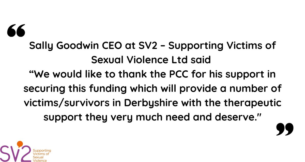 sv2uk's tweet photo. #SV2 &amp; @SAILCounselling are grateful for the @DerbysPCC who have helped secure funding for our therapy services! 
Full details can be found on our website: https://t.co/zzpTI94HQ1

#therapy #counselling #Derbyshire #Derby #DerbyPCC #sexualviolence #support https://t.co/6Hm9uPiCBg