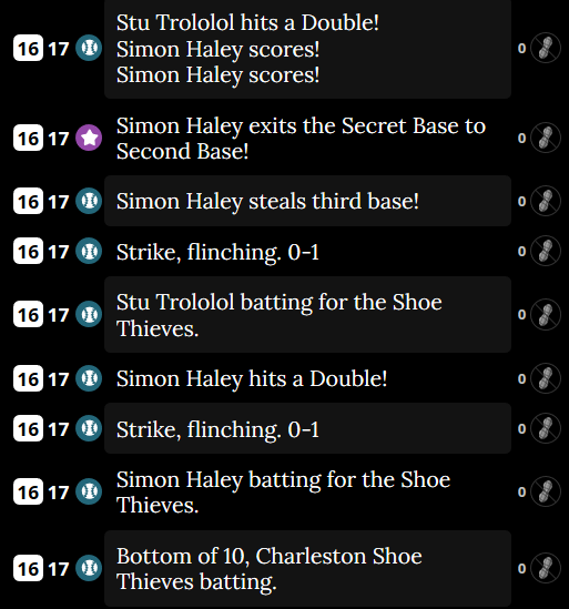 OK <a href="/SIBROfficial/">Society for Internet Blaseball Research 🔮</a> enjoy Simon Haley scoring from both second and third on the same play via Secret Base to trigger extra innings Shame and a <a href="/CHSSTFans/">👟 Charleston Shoe Thieves 👟</a> win. #blaseball #BLASEBALLUPDATE