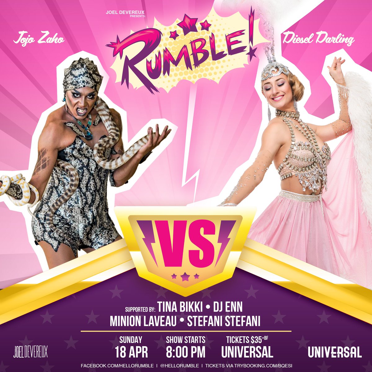 SYDNEY! I’m bringing my show RUMBLE to Universal this Sunday. Come along it’s gonna be camp 🥰

RUMBLE! [SYD] - Jojo Zaho VS Diesel Darling

Tickets available via Trybooking
(18+): trybooking.com/BQESI