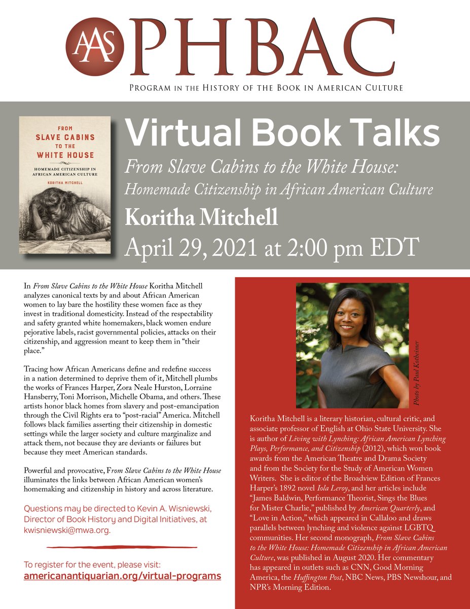 Please join us for the next on #PHBAC Virtual Book Talk @AmAntiquarian. @ProfKori will discuss her book From Slave Cabins to the White House @IllinoisPress.  #booktalk

Registration is open!

americanantiquarian.org/virtual-book-t…