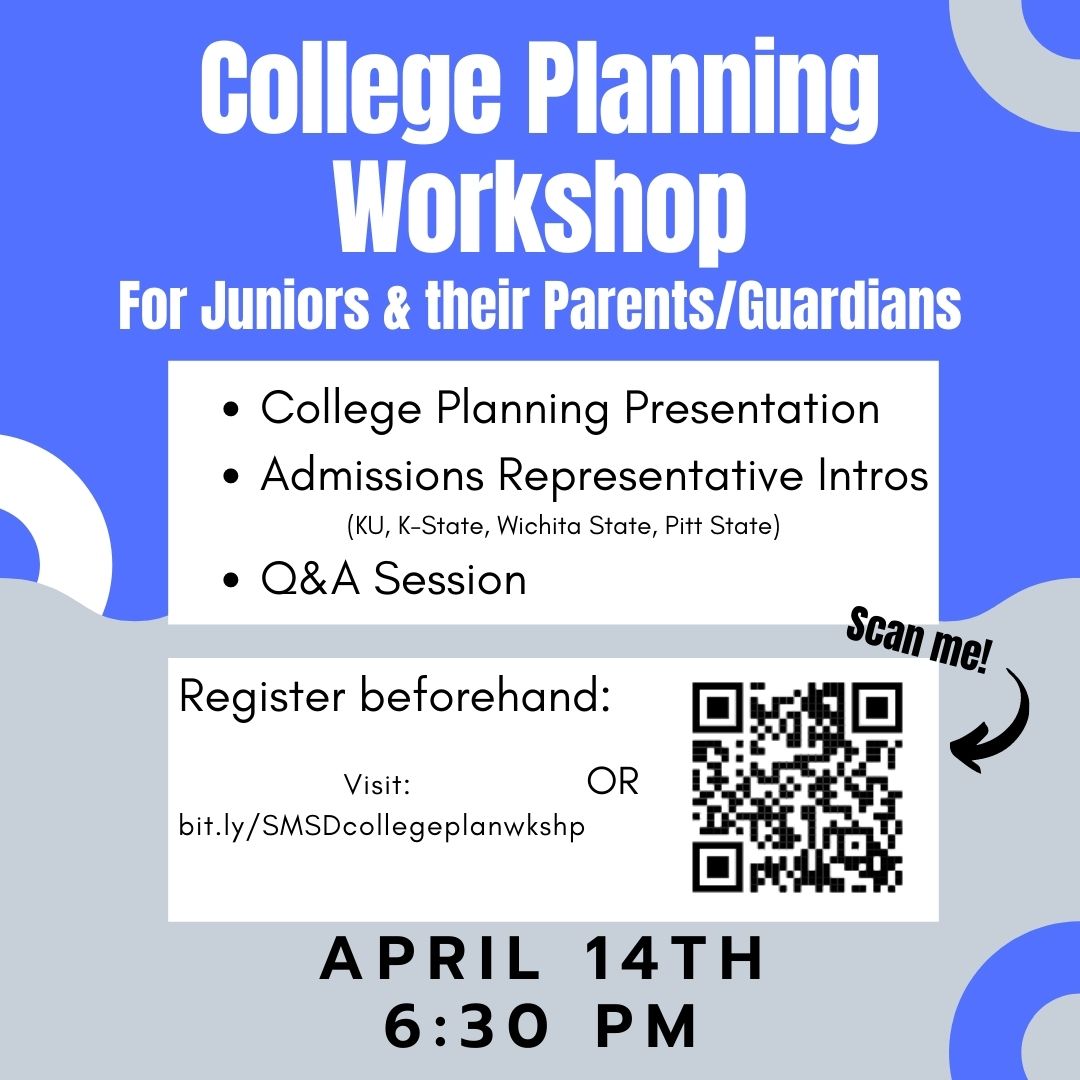 Class of 2022- it's not too late to register! This workshop, hosted by the SMSD College Advisers, will feature info on how to get started with planning for college, intros and updates from local college admission reps, and a Q&amp;A session. See you there!