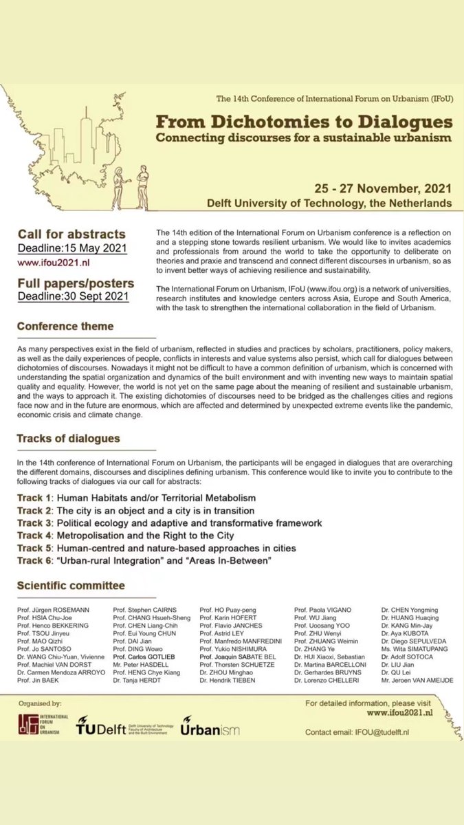 The 14th conference of the International Forum on Urbanism (IFoU) is to be organized by The Department of <a href="/UrbanismTUDelft/">UrbanismTUDelft</a>, 25-27 November 2021.  Join us in these interesting dialogues on sustainable urbanism!