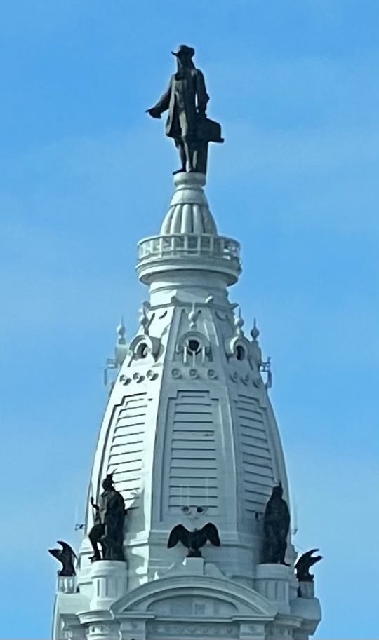 William Penn stands 37 feet high atop Philly’s city hall, the tallest statue on any building in the world. The first of three generations of Calder sculptors made this, which doesn’t move in the breeze. Penn is facing northeast, my coordinates too as I continue on toward New York