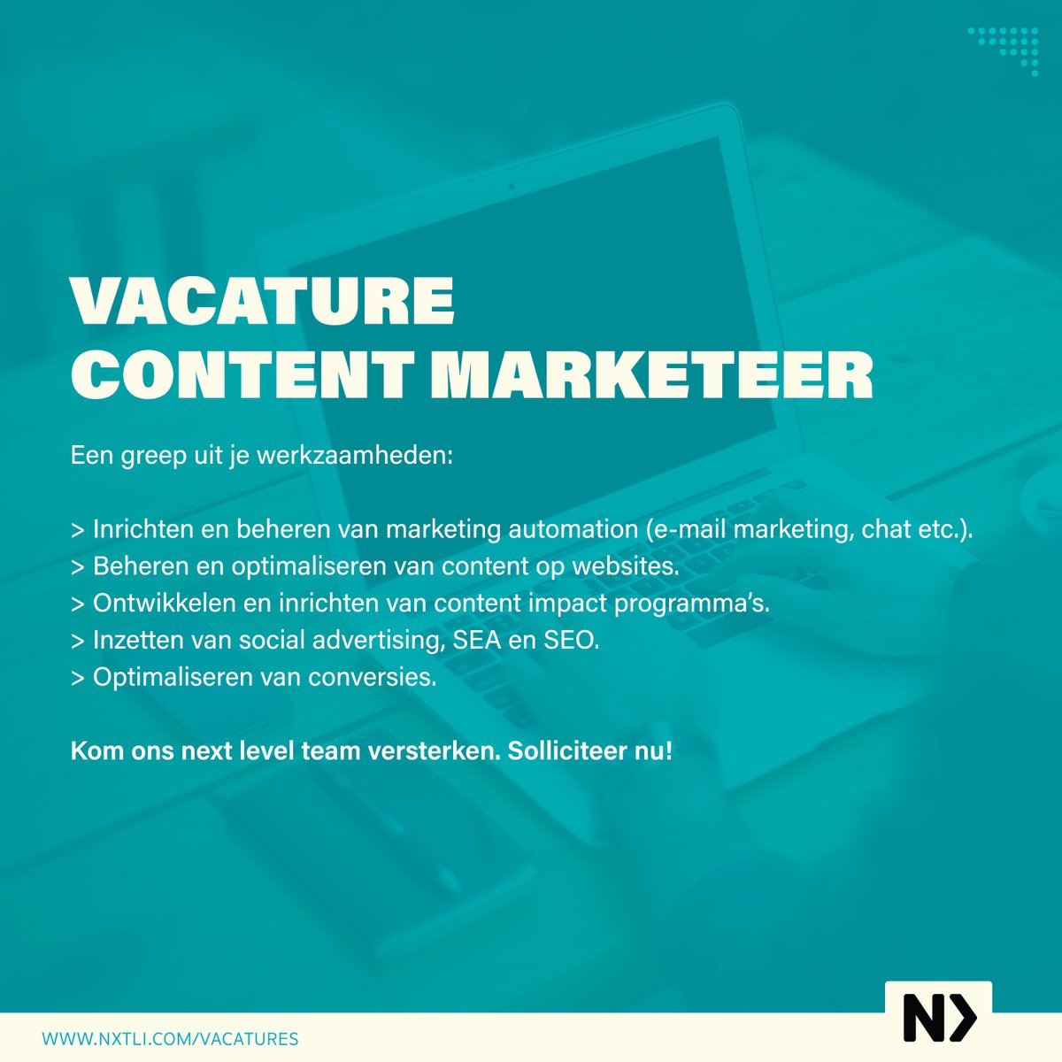 Door de sterke groei aan nieuwe toonaangevende projecten zijn wij op zoek naar een Content Marketeer met een aantal jaar relevante werkervaring o.a. met marketing automation.

Kom ons next level team versterken! Solliciteer nu 👉 nxtli.com/vacature-conte…